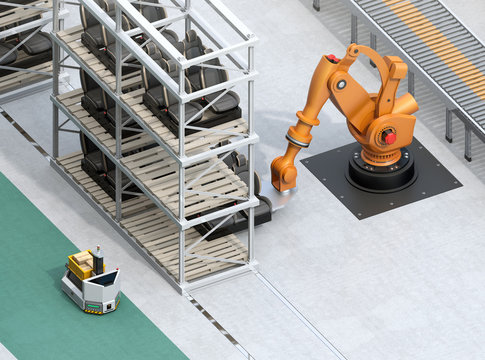 Isometric view of heavyweight robotic arm carrying car seats in car assembly production line. 3D rendering image.