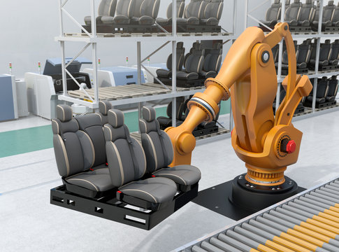 Heavyweight robotic arm carrying car seats in car assembly production line. 3D rendering image.