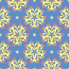 Floral seamless pattern. Blue background with colored flower elements