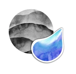 Fototapeten Watercolor logo. A blue drop of water against the background of the sea, the river, the lake. Ecological poster, drawing. Environment protection. Abstract splash of paint. © helgafo