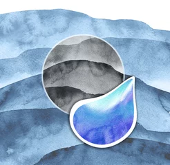 Rolgordijnen Watercolor logo. A blue drop of water against the background of the sea, the river, the lake. Ecological poster, drawing. Environment protection. Abstract splash of paint. © helgafo