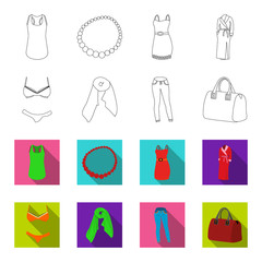 Bra with shorts, a women scarf, leggings, a bag with handles. Women clothing set collection icons in outline,flet style vector symbol stock illustration web. © pandavector