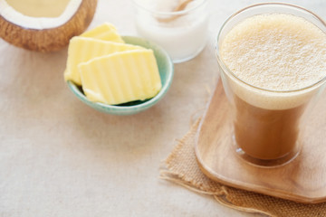 bulletproof coffee, blended with organic grass fed butter and MCT coconut oil, paleo, keto, ketogenic drink breakfast