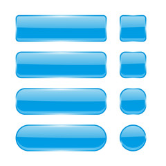 Blue glass buttons. Menu interface elements. Set of 3d shiny icons