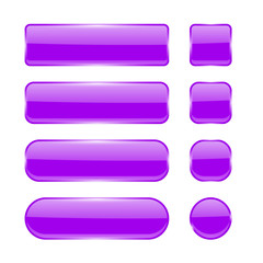 Violet glass buttons. Menu interface elements. Set of 3d shiny icons