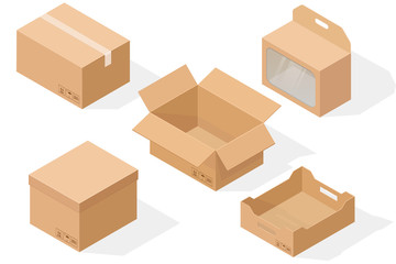 Fototapeta premium Brown paper cardboard boxes. Isometric collection