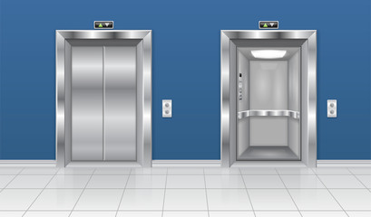 Elevator with open and closed door. In the building interior with blue walls