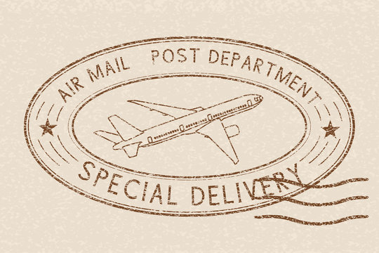 Air mail Special Delivery postmark. Beige oval sign with plane symbol