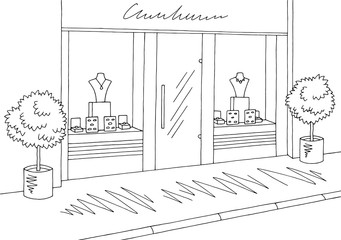 Jewelry shop store exterior graphic black white sketch illustration vector