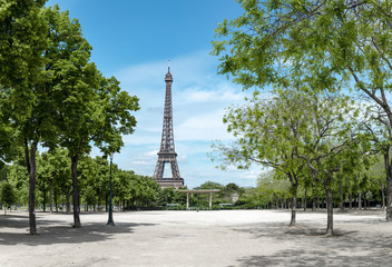 Paris, Eiffel tower behind spring trees, panorama from the Champ de Mars