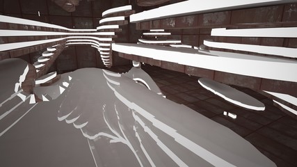 Empty smooth abstract room interior of sheets rusted metal with gray concrete. Architectural background. 3D illustration and rendering