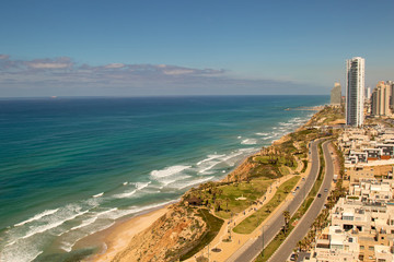 Panoramic view of sea shore in sunny day. Netanya city, Israel