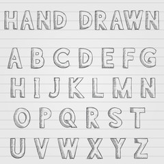 Font. Alphabet letters in grunge dirty style. Hand drawn sketch on lined paper background