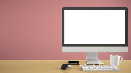 Desktop mockup, template, computer on yellow work desk with blank screen, keyboard mouse and notepad with pens and pencils, red pantone colored background