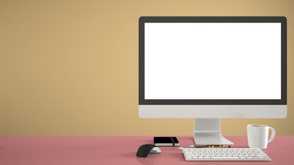 Desktop mockup, template, computer on red work desk with blank screen, keyboard mouse and notepad with pens and pencils, yellow pantone colored background