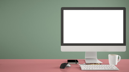 Desktop mockup, template, computer on red work desk with blank screen, keyboard mouse and notepad with pens and pencils, green pantone colored background