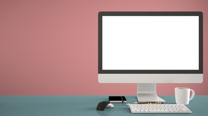 Desktop mockup, template, computer on blue work desk with blank screen, keyboard mouse and notepad with pens and pencils, red pantone colored background