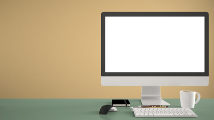 Desktop mockup, template, computer on green work desk with blank screen, keyboard mouse and notepad with pens and pencils, yellow pantone colored background