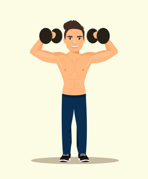 Strong Man Bodybuilder with dumbbells. Vector flat style illustration