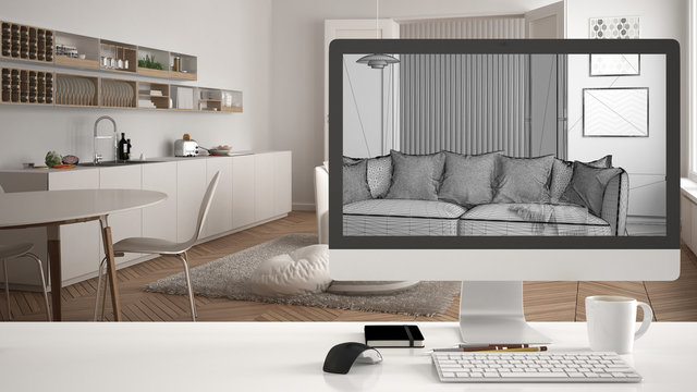 Architect House Project Concept, Desktop Computer On White Work Desk Showing CAD Sketch, Modern Living Room Interior Design In The Background