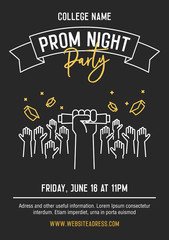 Prom Night party invitation card with hands raised throwing academic hats up and showing diplomas. Vector template design with thin line icons for highschool, college or university student event