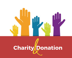 Obraz premium Vector icon background design for charity, donation, fundraising and volunteering subjects. Rising hands of different colors available to help