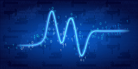 Neon wave graph against binary code background