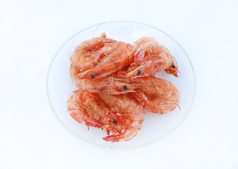 Fried Shrimp in clear plate on white background.