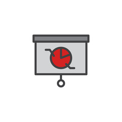 Presentation screen with pie chart filled outline icon, line vector sign, linear bicolor pictogram isolated on white. Whiteboard projector symbol, logo illustration. Pixel perfect vector graphics