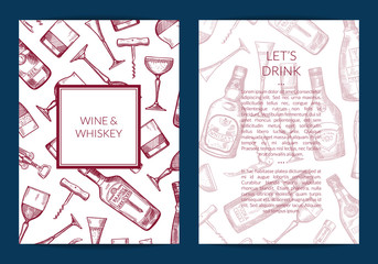 Vector hand drawn alcohol drink bottles and glasses card