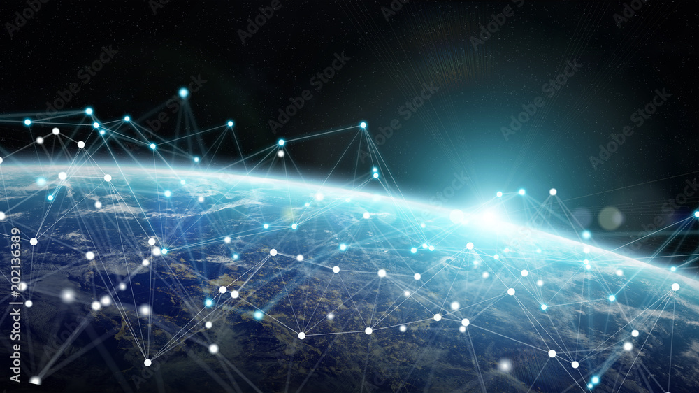 Poster Connections system and datas exchanges on planet Earth 3D rendering