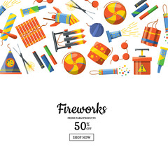 Vector cartoon pyrotechnics background illustration with place for text
