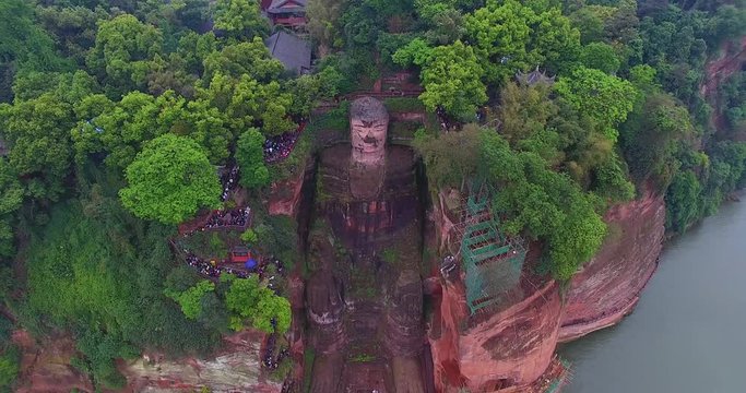 Aerial view of Leshan China Giant Buddha, 4k