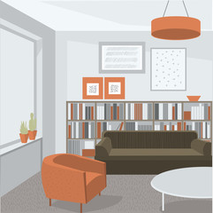Living room interior.  Sofa, armchair and bookcase.Vector illustration.
