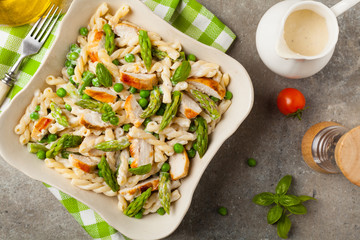 Italian pasta fusilli. Salad with chicken and asparagus in Béchamel sauce.