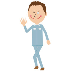 短髪でポップな青い制服の作業員　ハーイ