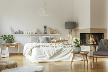 Cozy bedroom with fireplace interior