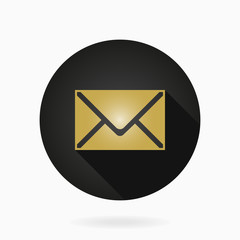 Golden vector mail icon in the black circle. Flat design and long shadow