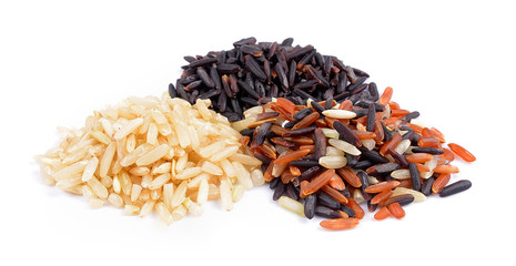 Jasmine rice, Brown rice, Black rice, Mixed rice and Riceberry, isolated on a white background