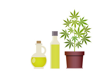 Marijuana plant and cannabis oil. Medical marijuana. Hemp oil in a glass jar. CBD oil hemp products. Oil glass bottle mock up. Vector illustration with copy space.