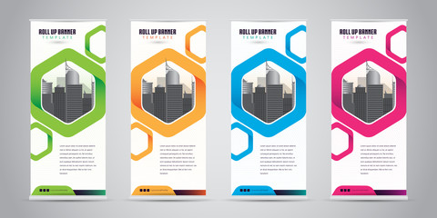 Business Roll Up Banner with 4 Various Color. Standee Design. Banner Template. Vector Illustration	