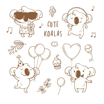 Set  with cute cartoon koalas. Vector contour  image no fill. Little funny baby animals on party. Children's illustration.