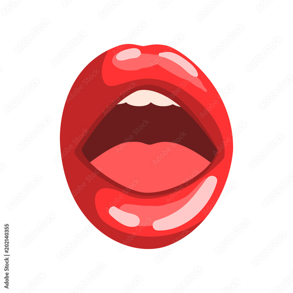 Sticker Open mouth, red female glossy lips vector Illustration on a white background