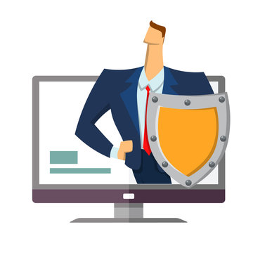 Man in business suit with a shield standing out from computer monitor. Protecting your personal data. GDPR, RGPD, DSGVO. General Data Protection Regulation. Concept vector illustration. Flat style.
