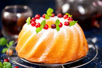Biscuit cake with icing sugar, a cranberry and mint