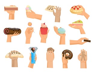 Hands with cake vector arm holding chocolate confectionery cupcake and sweet confection dessert of bakery illustration set of hand with sweets isolated on white background