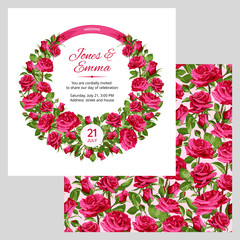Cover of wedding invitation and seamless pattern. Pink Roses on White Background.