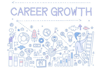 Illustration about career growth with man on ladder.