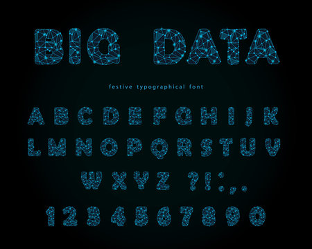 Big data modern font on black background. Polygonal letters and numbers with sparkle dots and connection lines. Starry sky texture. Vector