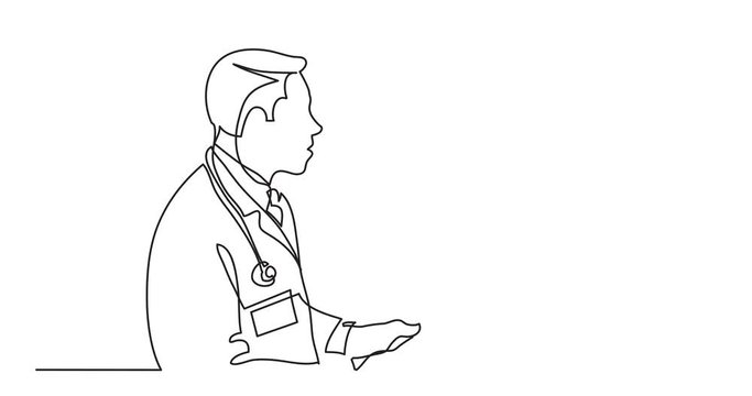 Self drawing animation of continuous line drawing of doctor consults patient
